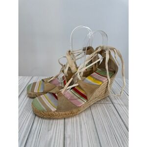 COACH Rosie Espadrille Wedge‎ Sandals Size 9 Suede Lace Up Stripe Beige Shoes